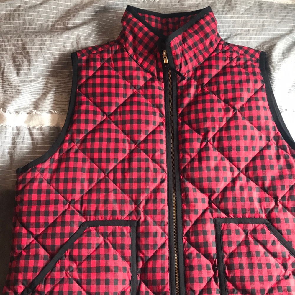 J. Crew Red and Black Quilted Buffalo Plaid Puffer Vest
